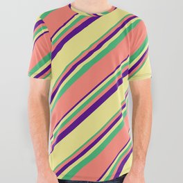 [ Thumbnail: Indigo, Tan, Sea Green, and Salmon Colored Stripes Pattern All Over Graphic Tee ]