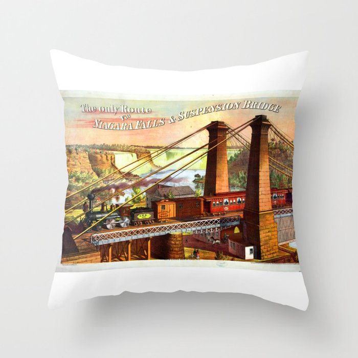 The only Route via Niagara Falls Suspension Bridge, Advertising Poster, 1876 Throw Pillow