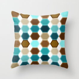 Mid Century Modern Hexagons // Caribbean Blue, Ocean Blue, Dark Brown, Coffee Brown, Khaki Throw Pillow