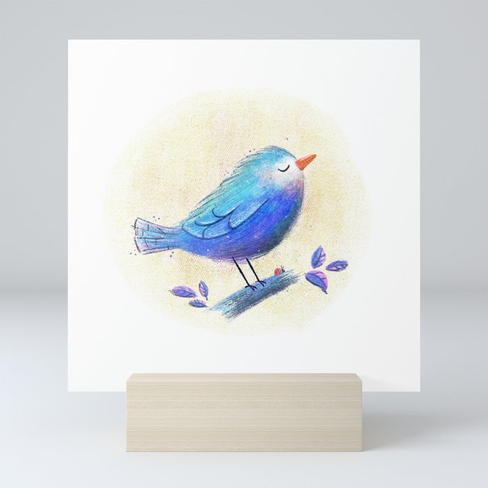 Blue Bird - Bird on Branch with Lady Bug Mini Art Print