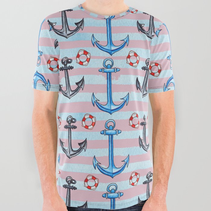 Anchor Life Belt Nautical Pattern All Over Graphic Tee