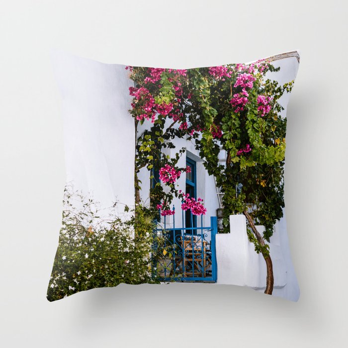Traditional Greek Street Scenery | Blue Door and Pink Flowers | Island Life | Travel Photography in Europe Throw Pillow