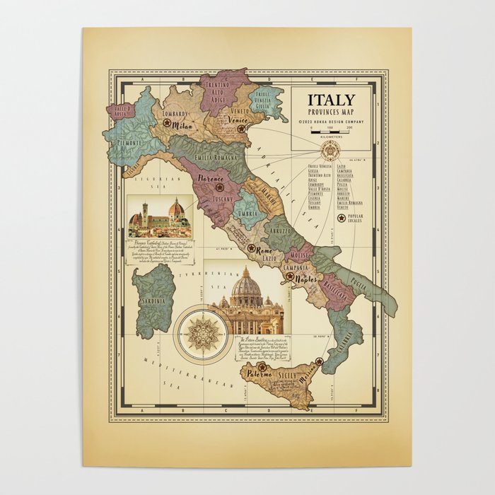 Vintage Map of Italy Provinces Poster