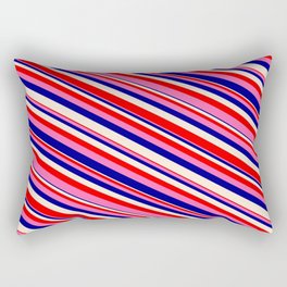 [ Thumbnail: Beige, Red, Hot Pink, and Dark Blue Colored Stripes/Lines Pattern Rectangular Pillow ]