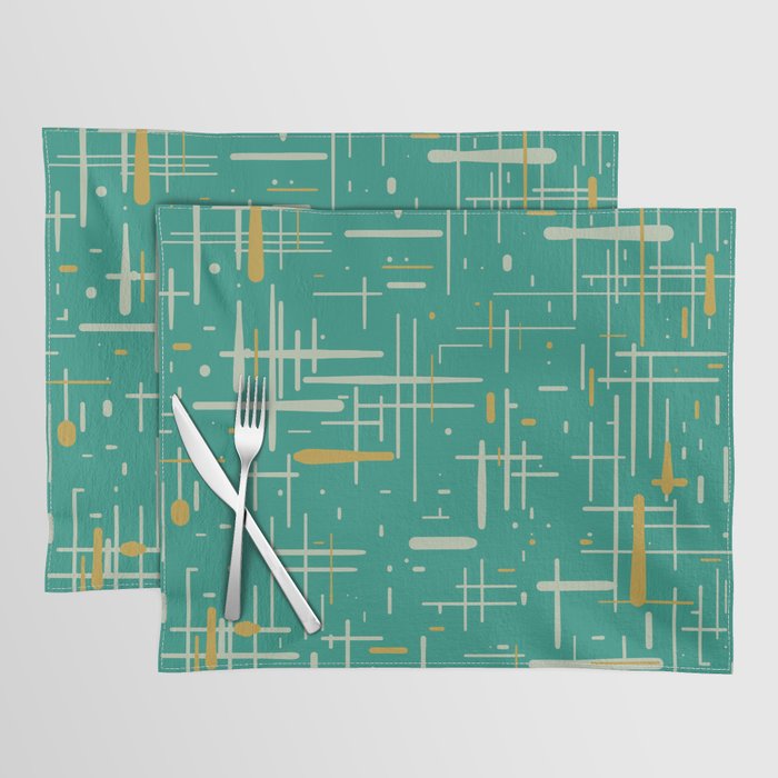 Mid-Century Modern Kinetikos Pattern in Teal Blue Green, Mustard Gold, and Celadon Placemat