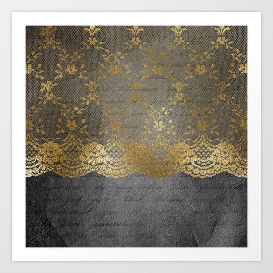 Pure elegance I- gold glitter luxury lace on black grunge background on #Society6 Art Print