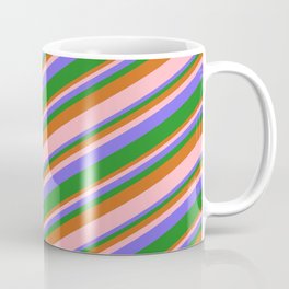 [ Thumbnail: Chocolate, Light Pink, Medium Slate Blue, and Forest Green Colored Stripes/Lines Pattern Coffee Mug ]