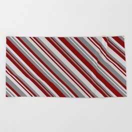 [ Thumbnail: Grey, Maroon, and Light Gray Colored Stripes Pattern Beach Towel ]