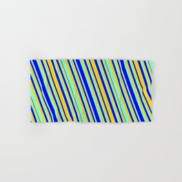 [ Thumbnail: Aquamarine, Blue & Yellow Colored Lines Pattern Hand & Bath Towel ]
