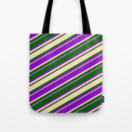 [ Thumbnail: Pale Goldenrod, Dark Green & Dark Violet Colored Lined Pattern Tote Bag ]