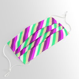 [ Thumbnail: Colorful Pale Goldenrod, Purple, Fuchsia, White, and Green Colored Stripes Pattern Face Mask ]