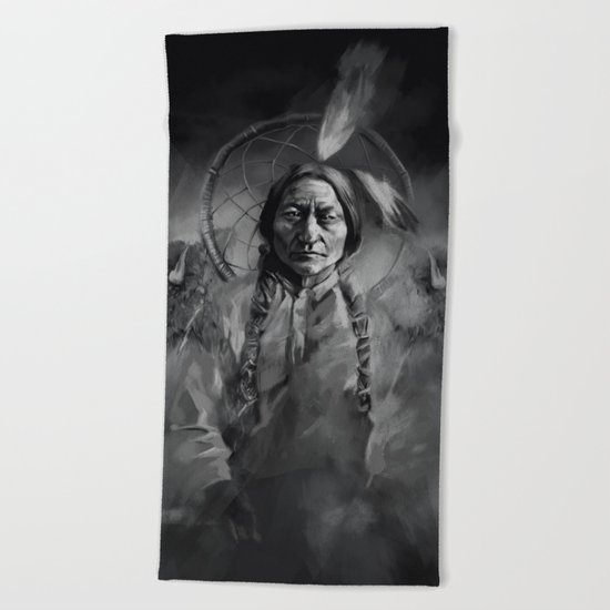 Black and white portrait-Sitting bull Beach Towel