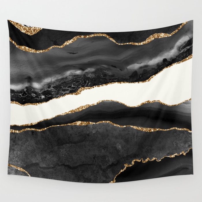 Into the Great Wide Open Black and Gold Agate Wall Tapestry