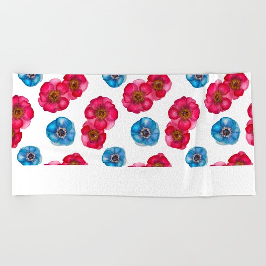 Pink and blue Anemones pattern Beach Towel