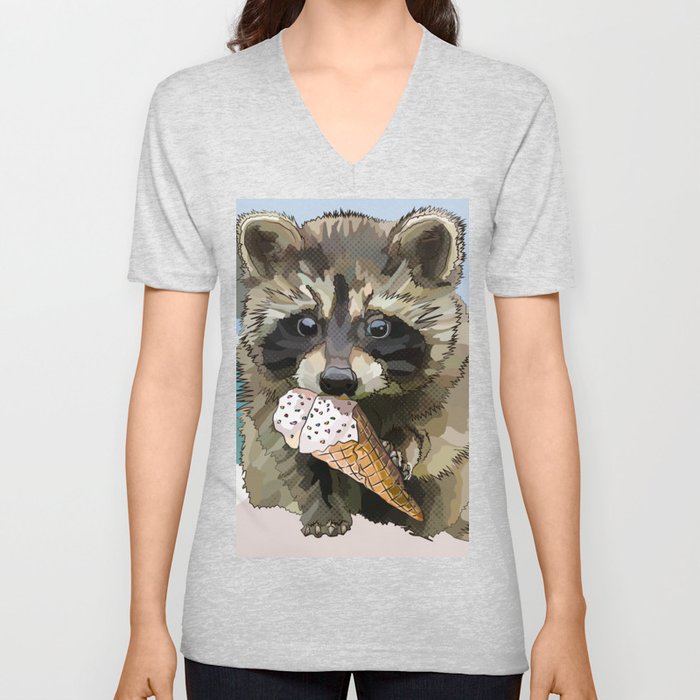Raccoon Eating Ice-cream on the Beach | Summer Vacation | Cute Baby Animal V Neck T Shirt