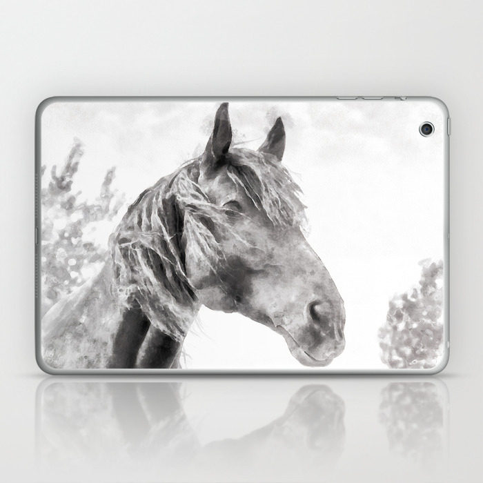 Horse In The Field Black And White Watercolor Painting Style
