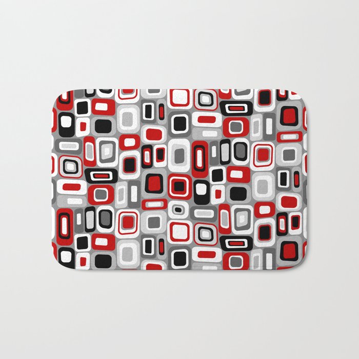 Mid Century Modern Squares and Rectangles // Red, Gray Black, White Bath Mat