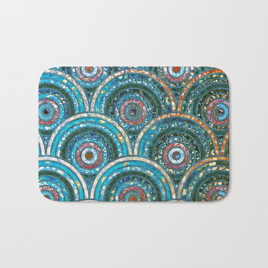Aqua Teal Blue and Green Sparkling Faux Glitter Circles and Dots Bath Mat