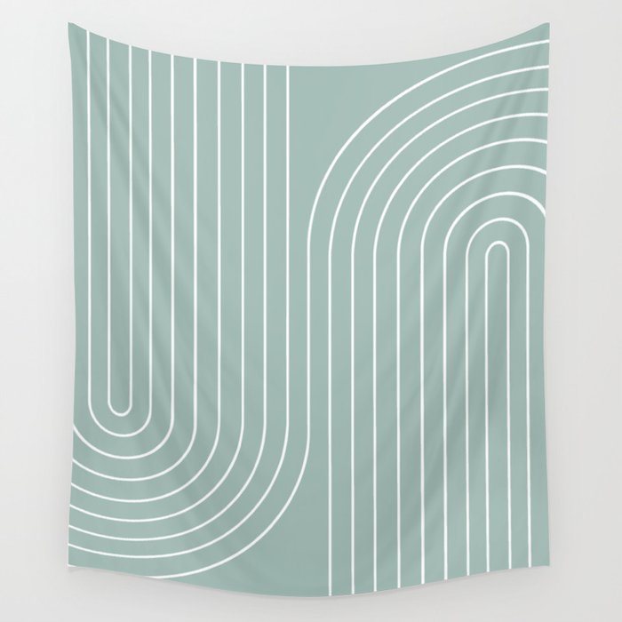 Minimal Line Curvature VII Sage Green Mid Century Modern Arch Abstract Wall Tapestry