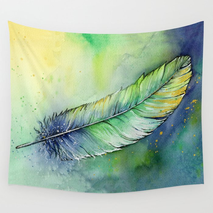 Quill Feather Watercolor Wall Tapestry