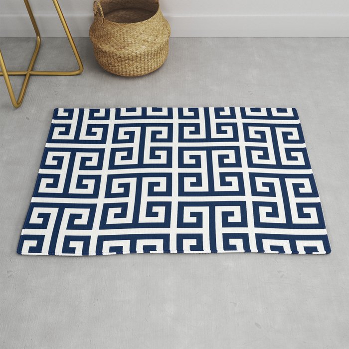 Dark Navy Blue and White Greek Key Pattern Rug by annaleeblysse Society6