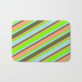 [ Thumbnail: Green, Powder Blue, Dark Olive Green, and Light Salmon Colored Lines/Stripes Pattern Bath Mat ]