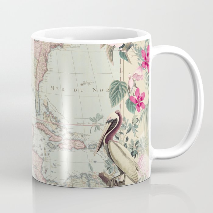 Tropical Caribbean Map Illustration With Pelican And Exotic Flowers Coffee Mug