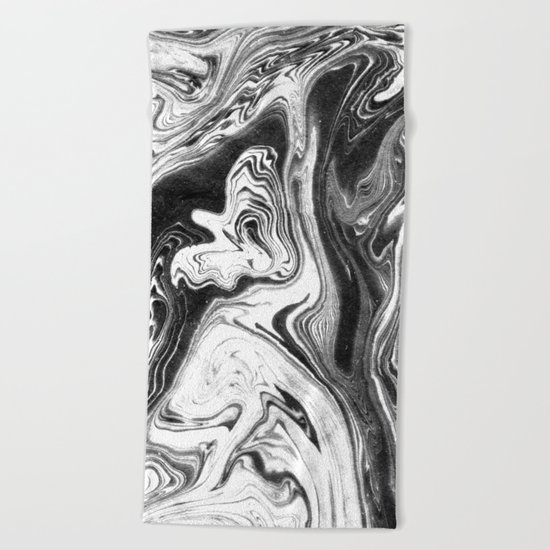 Mishiko - spilled ink abstract marble painting black and white minimal modern marbled paper water Beach Towel