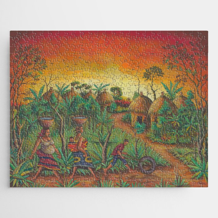 Village painting from Africa of Villagers Jigsaw Puzzle | Painting, Africa, African, Village, Villagers, Peaceful, Tranquil, Cameroon, Sunset, Naive