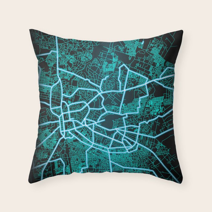 Lusaka, Zambia, Blue, White, Neon, Glow, City, Map Throw Pillow by City