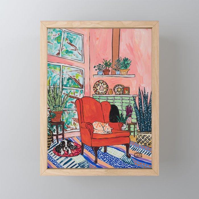 Red Armchair in Pink Interior with Houseplants, Ginger Cat, and Spaniel Interior Painting Framed Mini Art Print