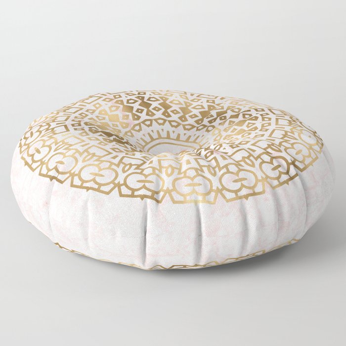 Marble mandala - golden on pink marble Floor Pillow