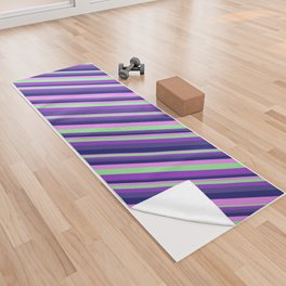 [ Thumbnail: Colorful Light Green, Dark Orchid, Dark Slate Blue, Midnight Blue, Violet Colored Striped Pattern Yoga Towel ]