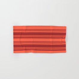 [ Thumbnail: Red and Brown Colored Striped Pattern Hand & Bath Towel ]