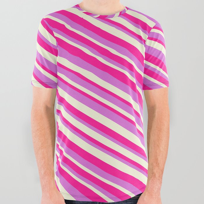 Orchid, Beige & Deep Pink Colored Pattern of Stripes All Over Graphic Tee