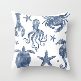 Delft Blue nautical Marine Life pattern, coastal beach Throw Pillow