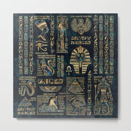Egyptian hieroglyphs and deities -Abalone and gold Metal Print