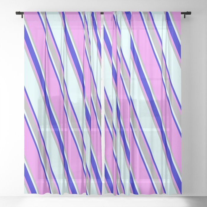 Light Cyan, Blue, Violet, and Dark Grey Colored Lines/Stripes Pattern Sheer Curtain
