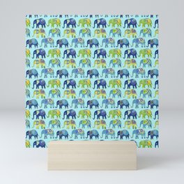 Elephants on teal Mini Art Print