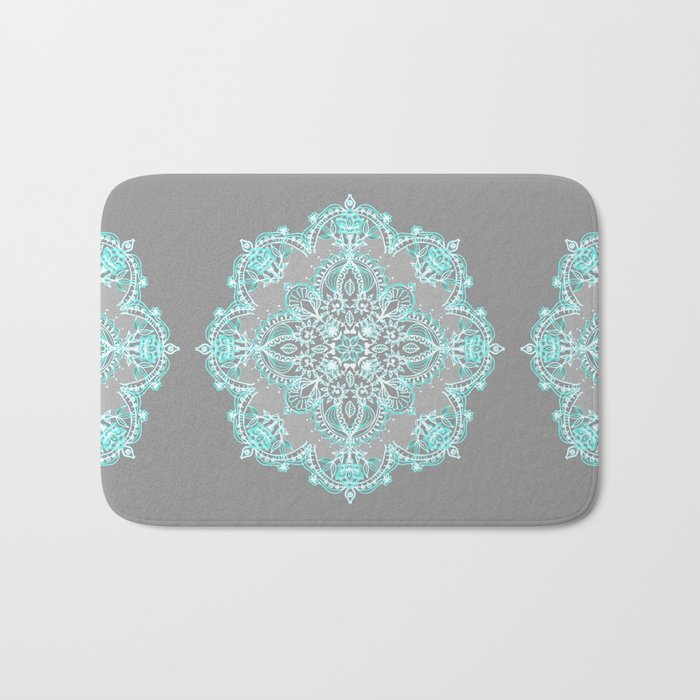 Teal and Aqua Lace Mandala on Grey Bath Mat