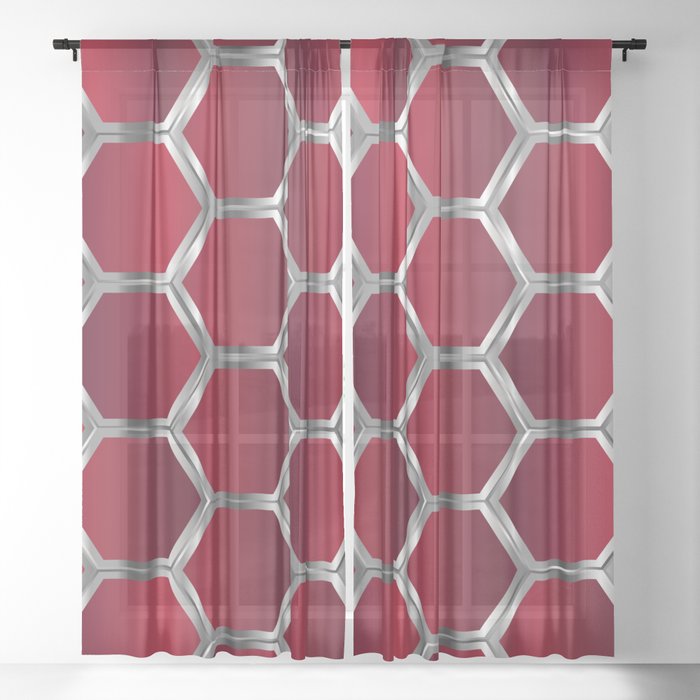 Metallic Red And Silver Geometric Pattern Sheer Curtain By