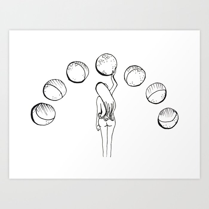 Woman and Moon Cycle Simple Drawing Art Print