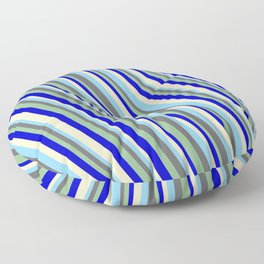 [ Thumbnail: Light Sky Blue, Dim Gray, Dark Sea Green, Blue & Bisque Colored Lined/Striped Pattern Floor Pillow ]