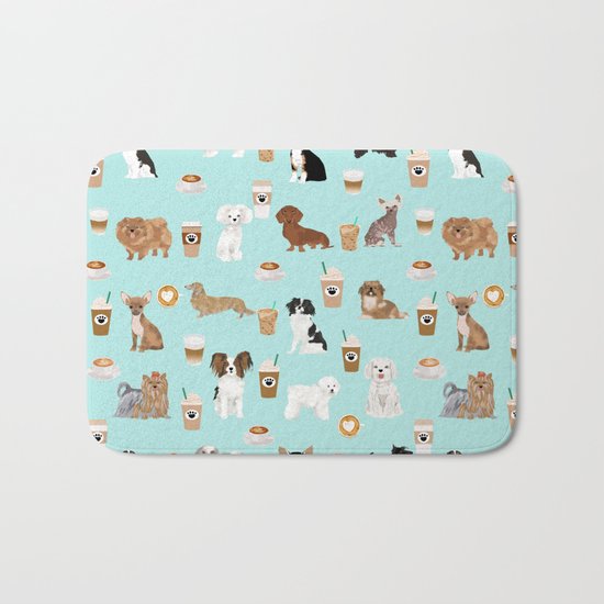 Coffee Dogs cute miniature dog breeds chihuahua bichon terrier Shih tzu pomeranian latte coffees Bath Mat