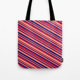 [ Thumbnail: Light Salmon, Midnight Blue & Crimson Colored Lines/Stripes Pattern Tote Bag ]