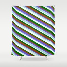 [ Thumbnail: Brown, Slate Blue, Powder Blue, Mint Cream, and Dark Green Colored Striped/Lined Pattern Shower Curtain ]
