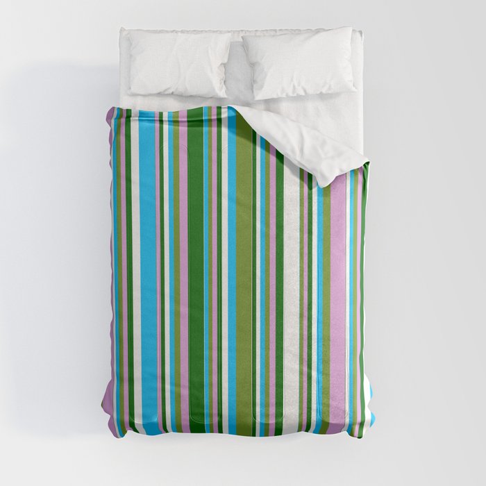 Green, Plum, Dark Green, White & Deep Sky Blue Colored Stripes Pattern Comforter