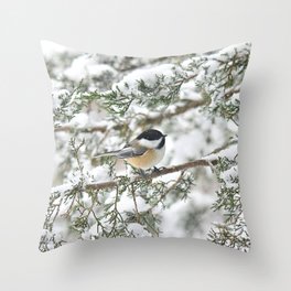 Christmas Snowstorm Chickadee Throw Pillow