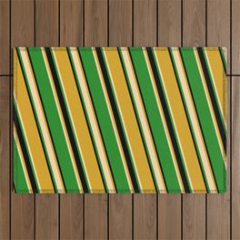 [ Thumbnail: Goldenrod, Tan, Forest Green, and Black Colored Striped/Lined Pattern Outdoor Rug ]