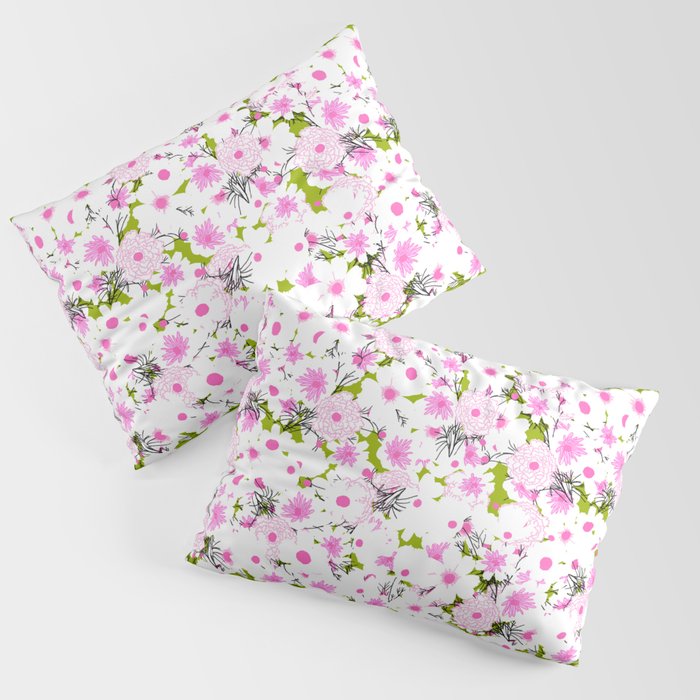 Mid-Century Modern Wild Mums Flowers Green Pillow Sham
